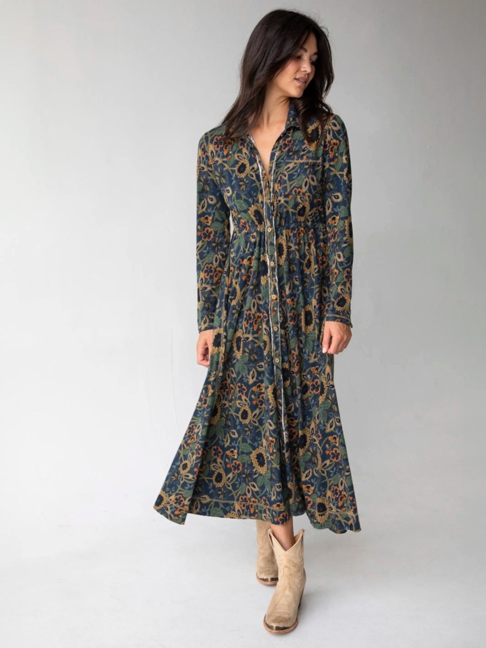 NWOT NATURAL LIFE Christa Knit Maxi Dress Navy Tan Dahlias 100% Cotton